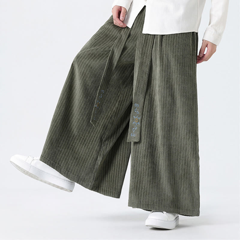Buddha Stones Casual Embroidery Drawstring Design Men's Corduroy Wide Leg Pants With Pockets - image 9