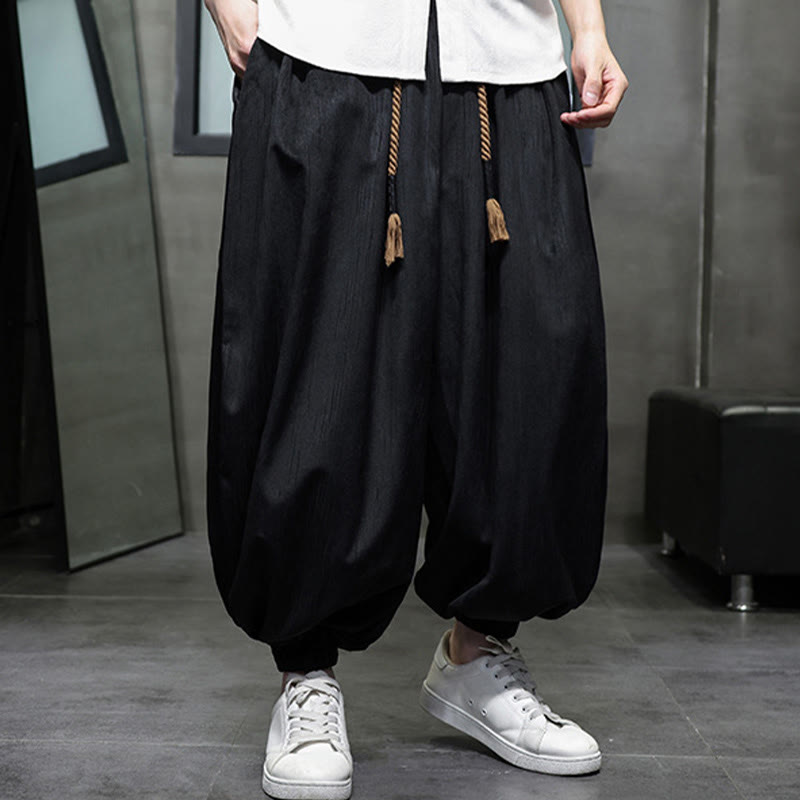 Buddha Stones Casual Daily Pure Color Drawstring Design Men's Harem Pants With Pockets - image 6