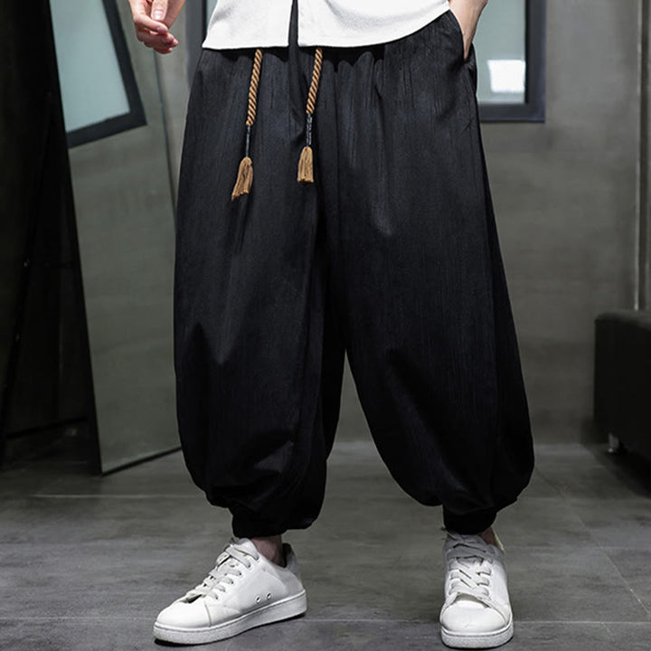 Buddha Stones Casual Daily Pure Color Drawstring Design Men's Harem Pants With Pockets - image 4