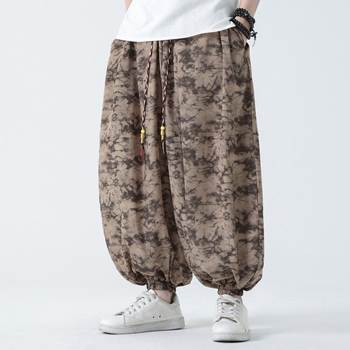 Buddha Stones Retro Casual Drawstring Design Floral Pattern Men's Harem Pants With Pockets - Tan - US/UK/AU48，EU58(5XL) - image 0