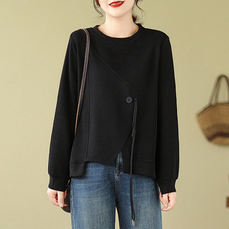 Buddha Stones Fall Plain Button Crew Neck Cotton Pullover Women's Sweatshirt  - image 1