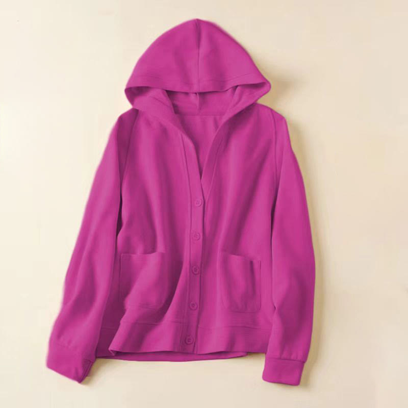 Buddha Stones Plain Buttons Women's Cotton Hooded Jacket With Pockets - MediumVioletRed - US8-10，UK/AU12-14，EU40-42 (2XL) - image 21