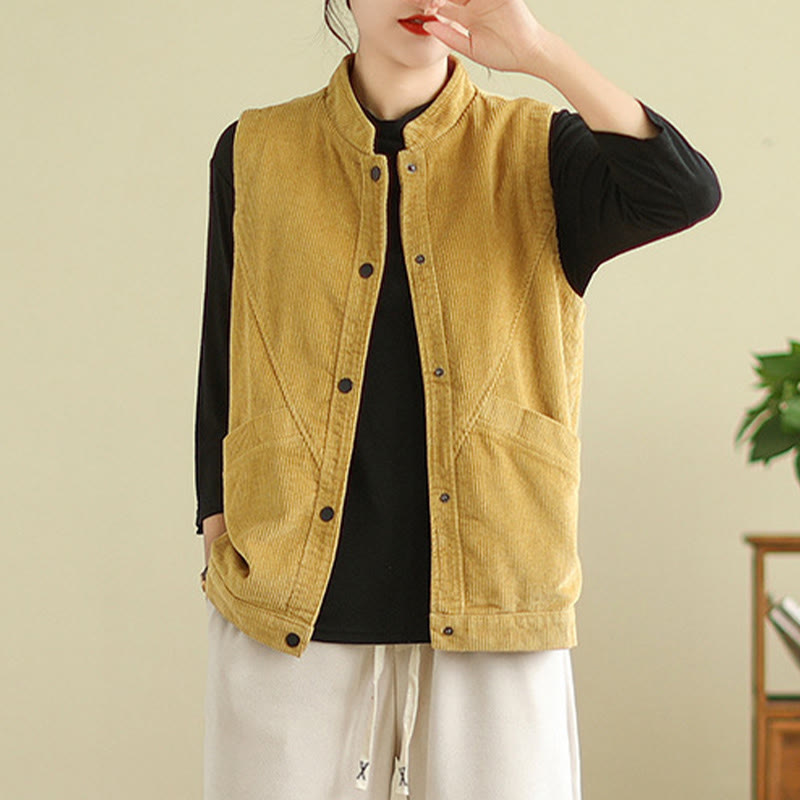 Buddha Stones Plain Sleeveless Women's Cotton Vest Corduroy Waistcoat With Pockets - image 16