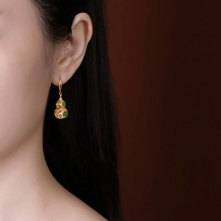 Buddha Stones Copper Hollow Gourd Jade Prosperity Earrings - image 5