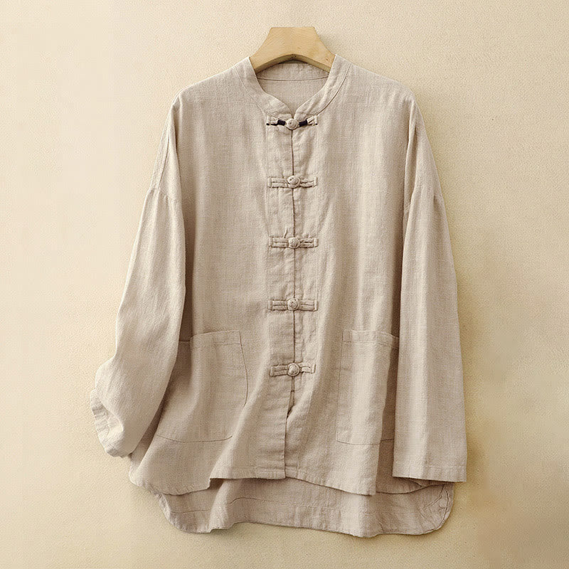 Buddha Stones Literary Artistic Chinese Knot Button Casual Cotton Linen Clothing - Linen - US8-10，UK/AU12-14，EU40-42 (2XL) - image 1