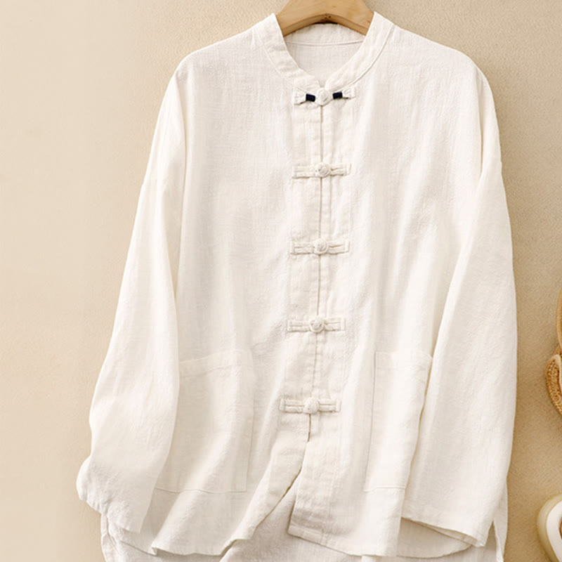 Buddha Stones Literary Artistic Chinese Knot Button Casual Cotton Clothing - White - US8-10，UK/AU12-14，EU40-42 (2XL) - image 19
