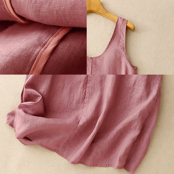 Buddha Stones Summer Daily Casual Pure Color Crew Neck Simple Design Sleeveless Midi Dress With Pockets - image 3