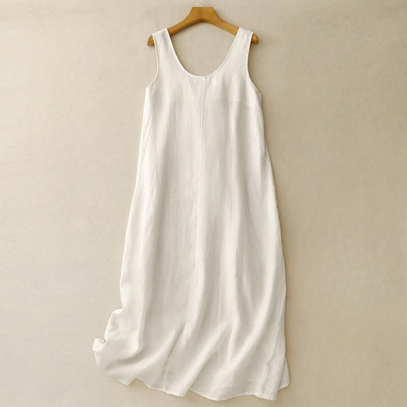 Buddha Stones Summer Daily Casual Pure Color Crew Neck Simple Design Sleeveless Midi Dress With Pockets - FloralWhite - US14，UK/AU18，EU46 (2XL) - image 7