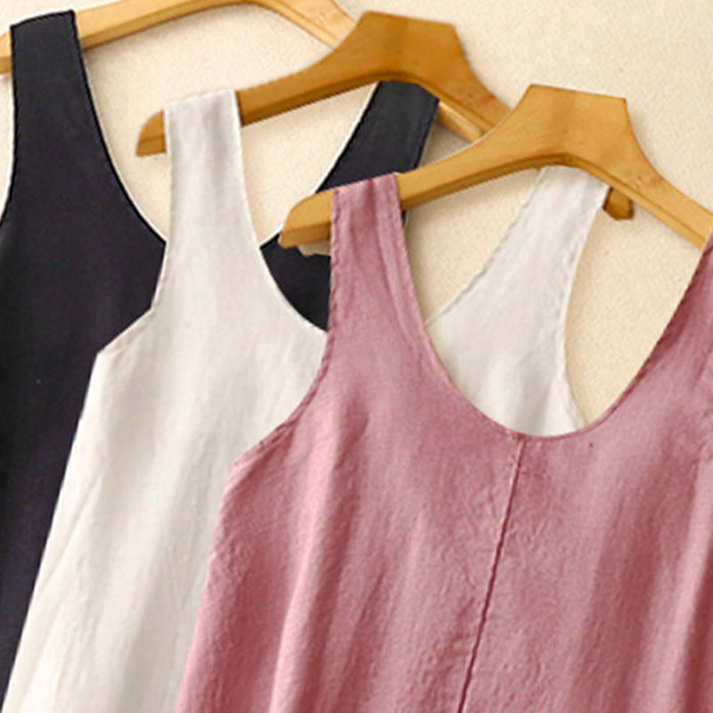 Buddha Stones Summer Daily Casual Pure Color Crew Neck Simple Design Sleeveless Midi Dress - image 17