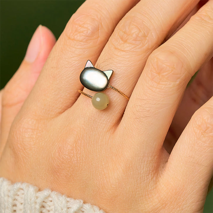 Buddha Stones Black Tridacna Stone Cat Jade Blessing Adjustable Ring - image 8
