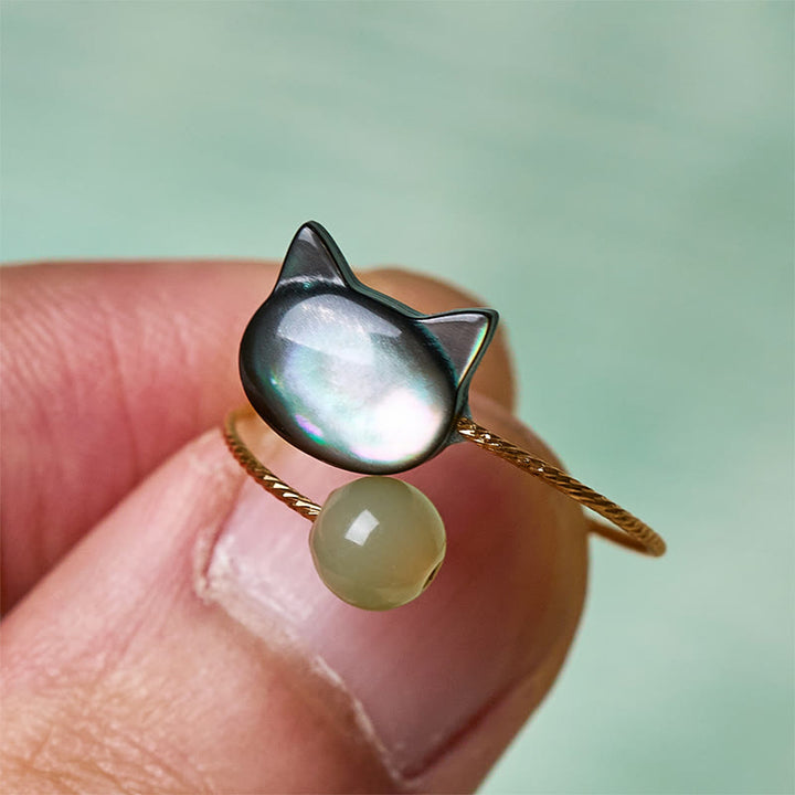 Buddha Stones Black Tridacna Stone Cat Jade Blessing Adjustable Ring - image 3