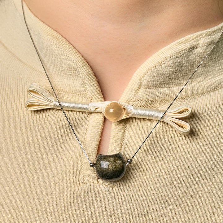 Buddha Stones 925 Sterling Silver Natural Silver Sheen Obsidian Gold Sheen Obsidian Cat Necklace - image 7