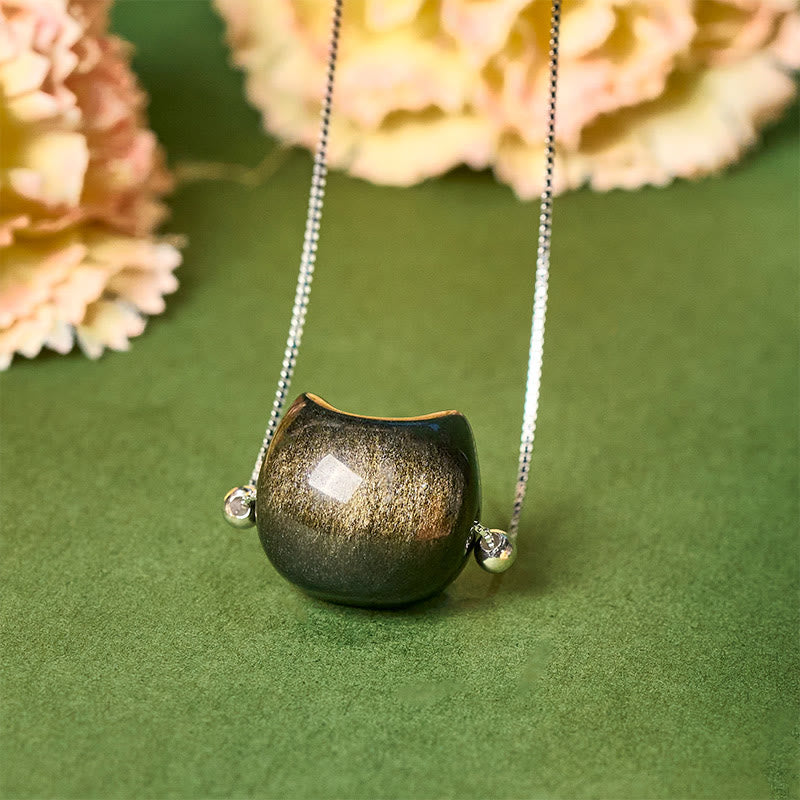 Buddha Stones 925 Sterling Silver Natural Silver Sheen Obsidian Gold Sheen Obsidian Cat Necklace - Gold Sheen Obsidian - image 5