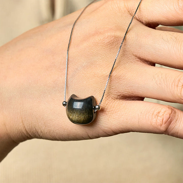 Buddha Stones 925 Sterling Silver Natural Silver Sheen Obsidian Gold Sheen Obsidian Cat Necklace - image 6