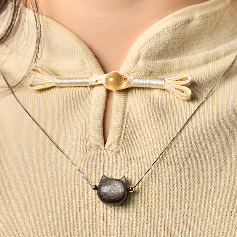 Buddha Stones 925 Sterling Silver Natural Silver Sheen Obsidian Gold Sheen Obsidian Cat Necklace - image 1