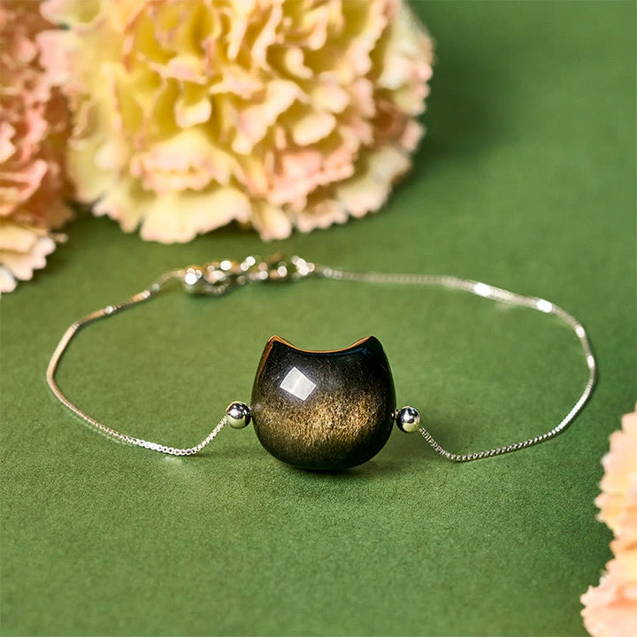 Buddha Stones 925 Sterling Silver Silver Sheen Obsidian Gold Sheen Obsidian Cat Soothing Bracelet - Gold Sheen Obsidian - 17-22cm - image 10