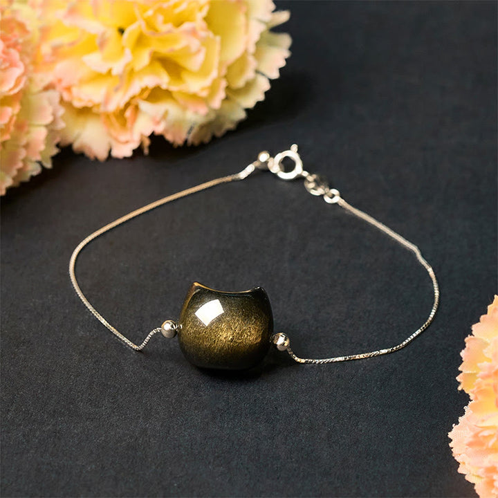 Buddha Stones 925 Sterling Silver Silver Sheen Obsidian Gold Sheen Obsidian Cat Soothing Bracelet - image 14