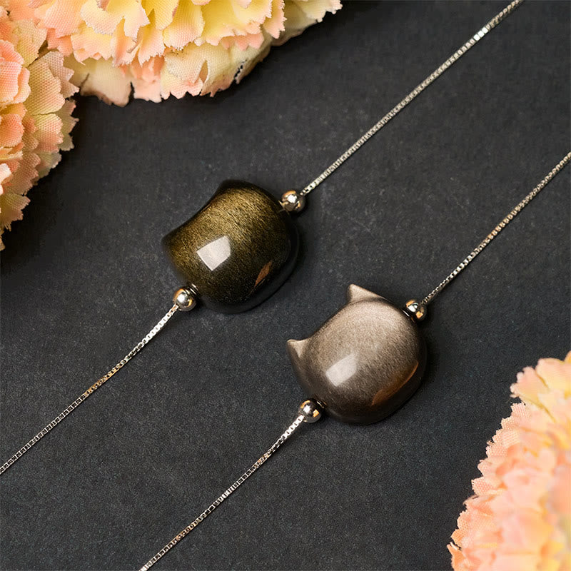 Buddha Stones 925 Sterling Silver Silver Sheen Obsidian Gold Sheen Obsidian Cat Soothing Bracelet - image 16