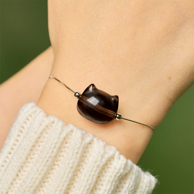Buddha Stones 925 Sterling Silver Cat Natural Ice Obsidian Positive Bracelet - image 4