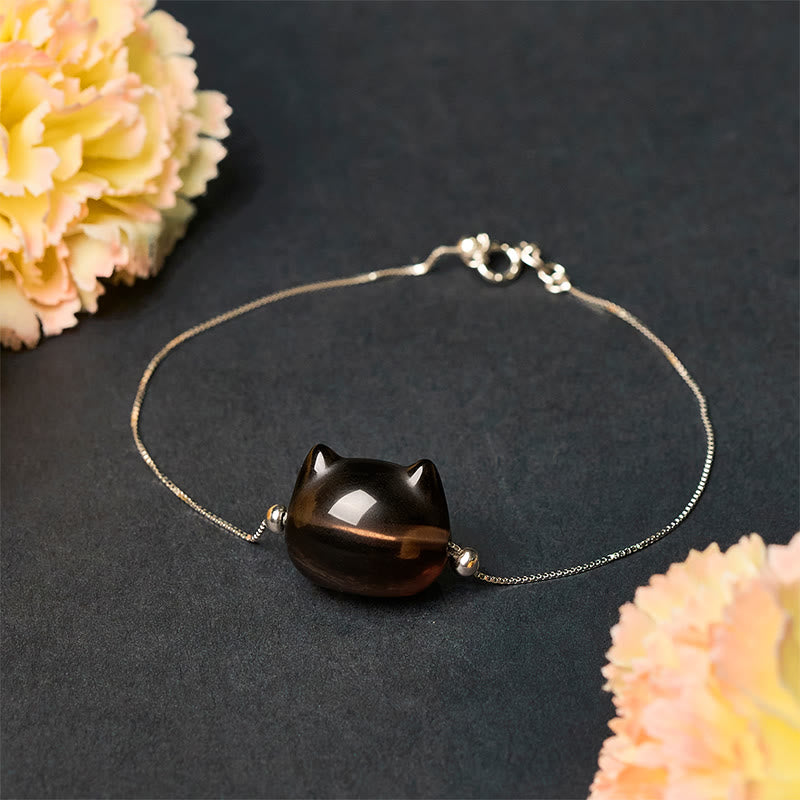 Buddha Stones 925 Sterling Silver Cat Natural Ice Obsidian Positive Bracelet - image 2