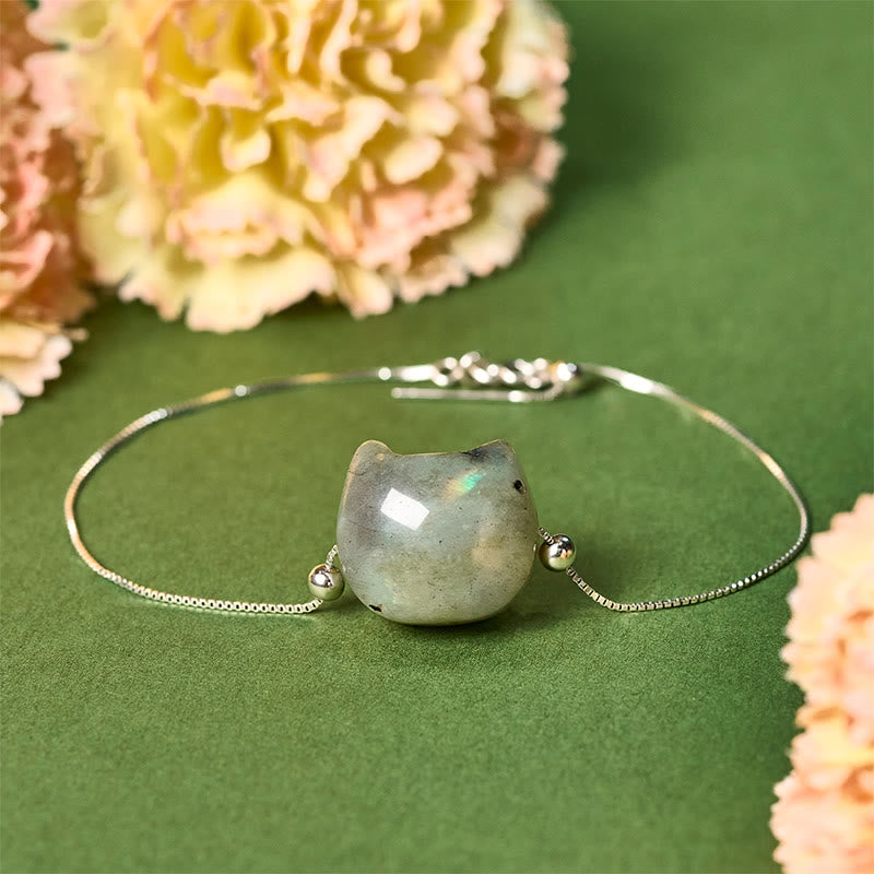 Buddha Stones 925 Sterling Silver Faceless Cat Head Natural Labradorite Healing Bracelet - 18-22cm - image 0