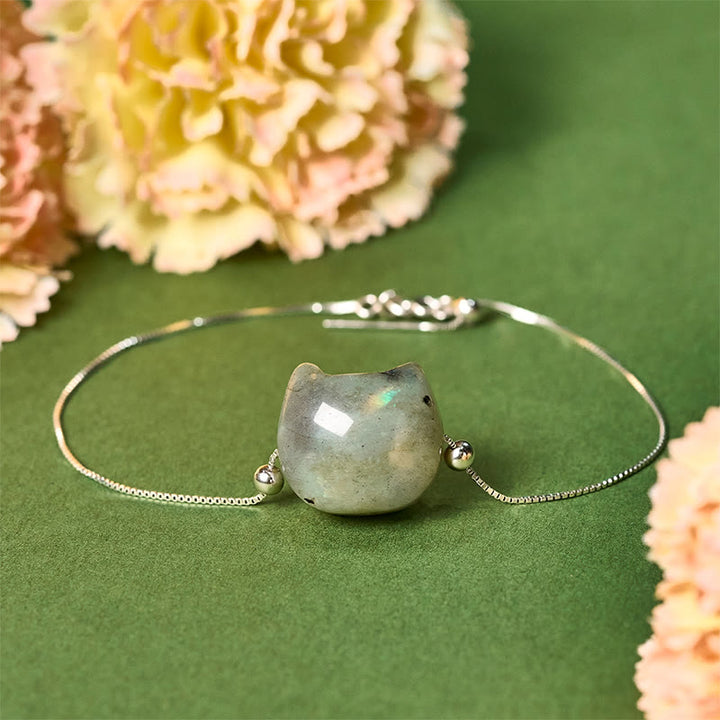 Buddha Stones 925 Sterling Silver Faceless Cat Head Natural Labradorite Healing Bracelet - 18-22cm - image 0
