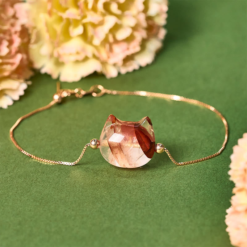 Buddha Stones 925 Sterling Silver Faceless Cat Head Natural Red Flower Quartz Passion Bracelet - 18-22cm - image 0