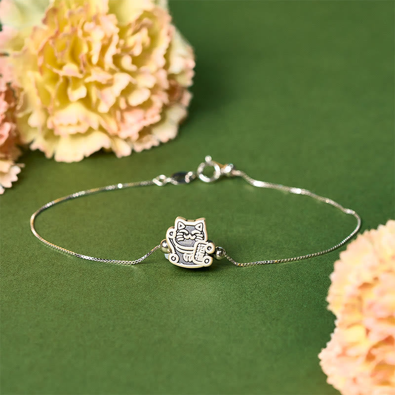 Buddha Stones 999 Sterling Silver Fortune Cat 925 Sterling Silver Chain Protection Bracelet - 18-22cm - image 1