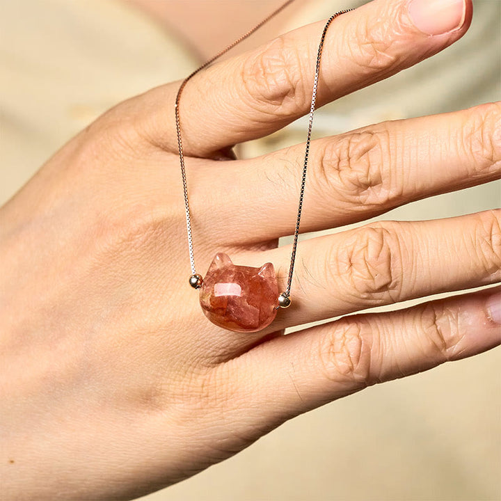 Buddha Stones 925 Sterling Silver Cat Head Natural Red Flower Quartz Protection Necklace Pendant - image 8