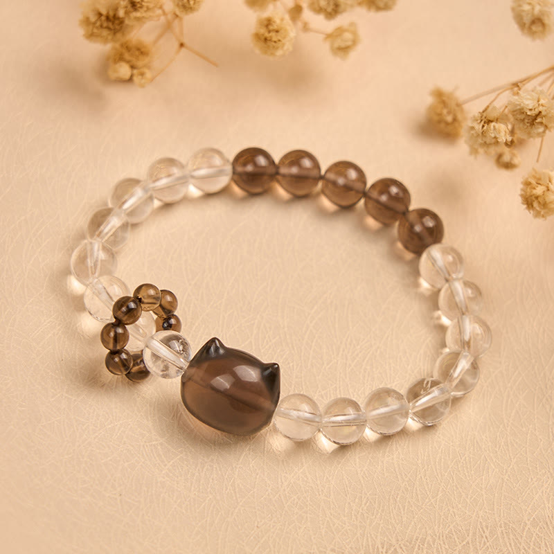 Buddha Stones Japanese Bobtail Cat Natural White Crystal Smoky Quartz Protection Bracelet - image 1