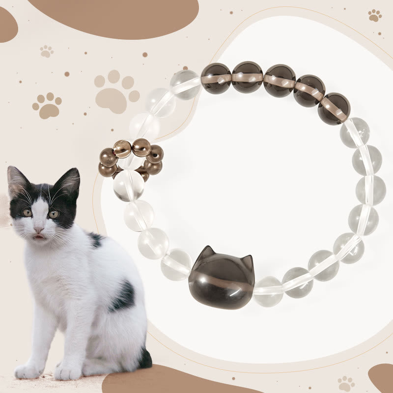 Buddha Stones Japanese Bobtail Cat Natural White Crystal Smoky Quartz Protection Bracelet - Japanese Bobtail Cat(Wrist Circumference: 14-16cm) - image 0