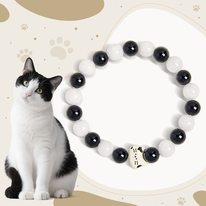 Buddha Stones Bicolor Cat Black Onyx White Chalcedony Fortune Bracelet - Black Onyx(Wrist Circumference 14-16cm) - image 1