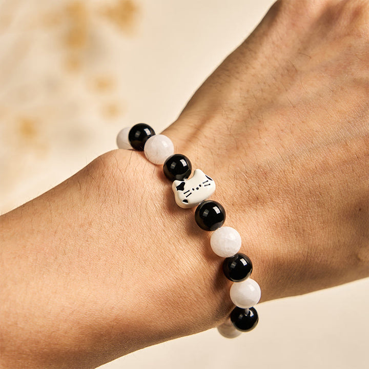 Buddha Stones Bicolor Cat Black Onyx White Chalcedony Fortune Bracelet - image 5