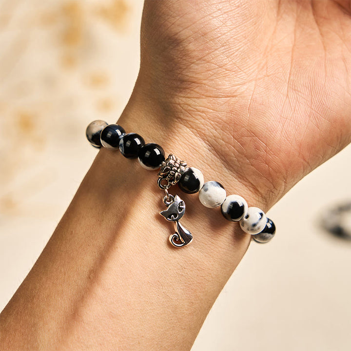 Buddha Stones Black and White Cat Fire Agate Bead Love Bracelet - image 4