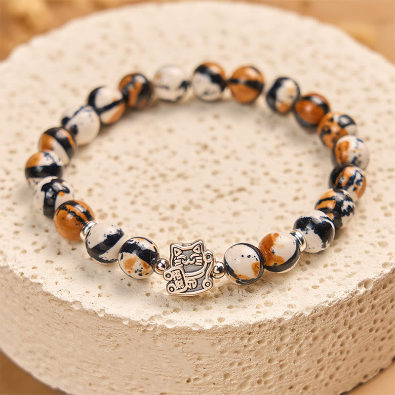 Buddha Stones 925 Sterling Silver Calico Cat Stone Bead Bracelet - image 4