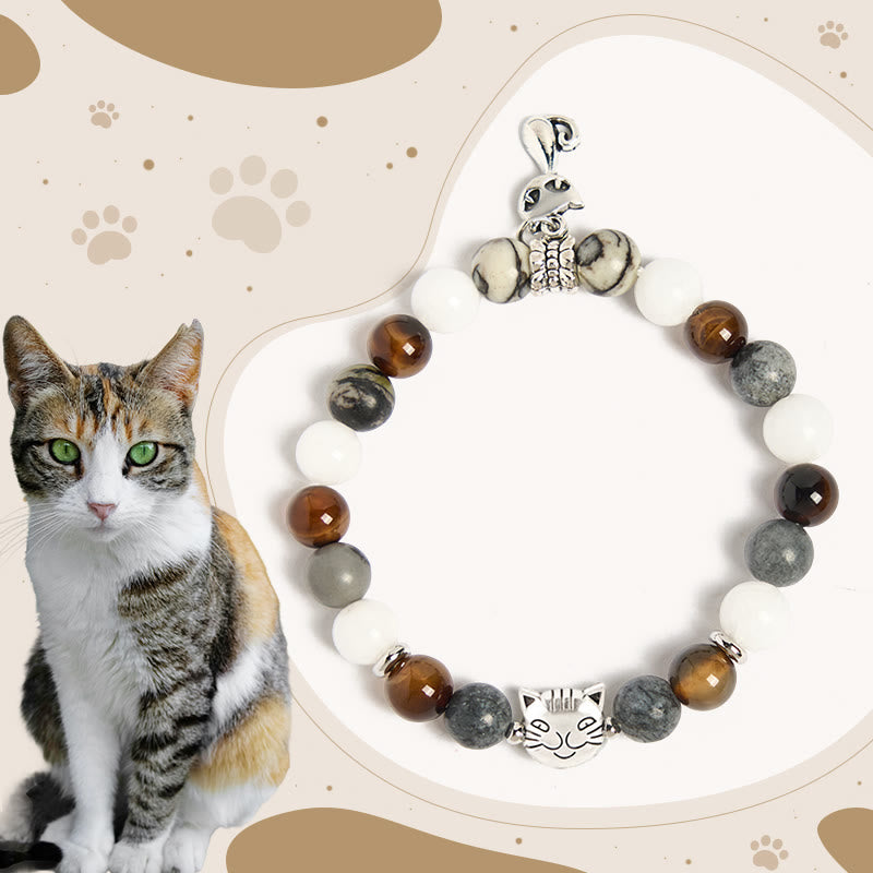 Buddha Stones Tricolor Cat Black Veined Jasper Brown Striped Agate Chalcedony Strength Bracelet - Tricolor Cat(Wrist Circumference 15-16cm) - image 1
