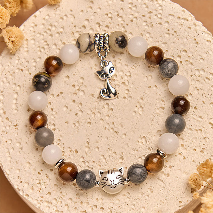 Buddha Stones Tricolor Cat Black Veined Jasper Brown Striped Agate Chalcedony Strength Bracelet - image 3