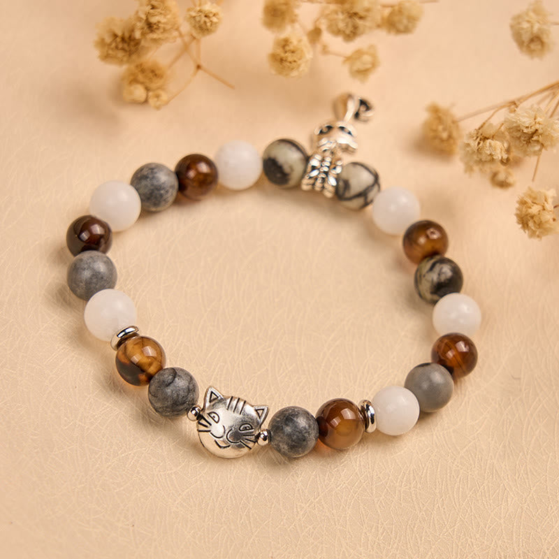 Buddha Stones Tricolor Cat Black Veined Jasper Brown Striped Agate Chalcedony Strength Bracelet - image 2