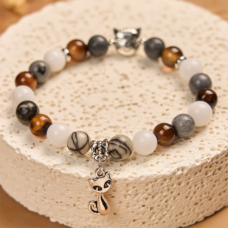 Buddha Stones Tricolor Cat Black Veined Jasper Brown Striped Agate Chalcedony Strength Bracelet - image 4