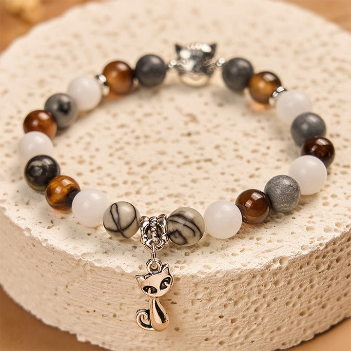 Buddha Stones Tricolor Cat Black Veined Jasper Brown Striped Agate Chalcedony Strength Bracelet - image 4