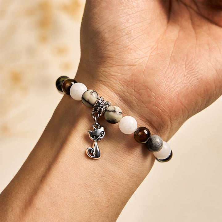 Buddha Stones Tricolor Cat Black Veined Jasper Brown Striped Agate Chalcedony Strength Bracelet - image 5