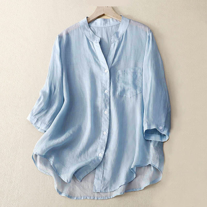 Buddha Stones Casual Plain Women's V-Neck Design Three Quarter Sleeve Cotton Viscose Shirt - LightBlue - US8-10，UK/AU12-14，EU40-42 (2XL) - image 1