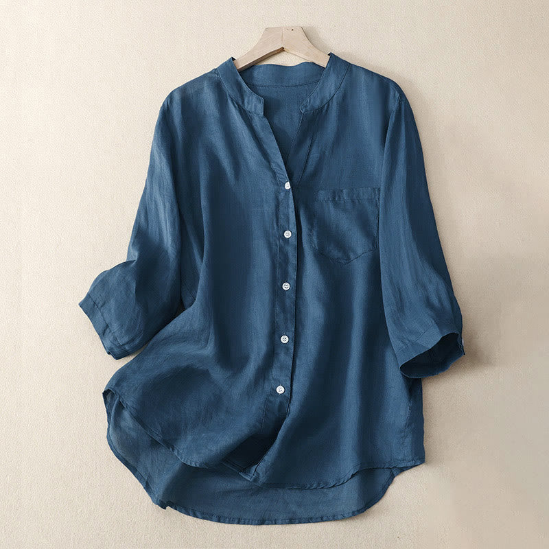 Buddha Stones Casual Plain Women's V-Neck Design Three Quarter Sleeve Cotton Viscose Shirt - SteelBlue - US8-10，UK/AU12-14，EU40-42 (2XL) - image 11