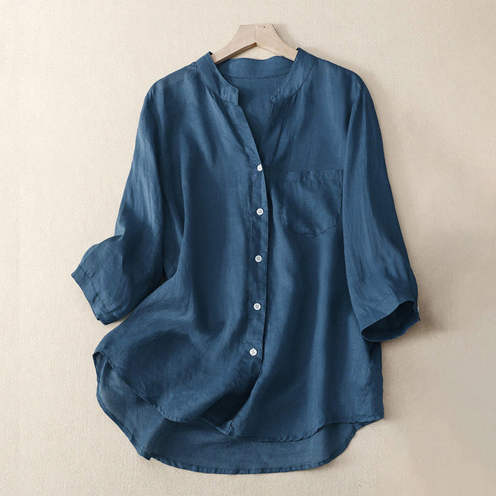 Buddha Stones Casual Plain Women's V-Neck Design Three Quarter Sleeve Cotton Viscose Shirt - SteelBlue - US8-10，UK/AU12-14，EU40-42 (2XL) - image 11