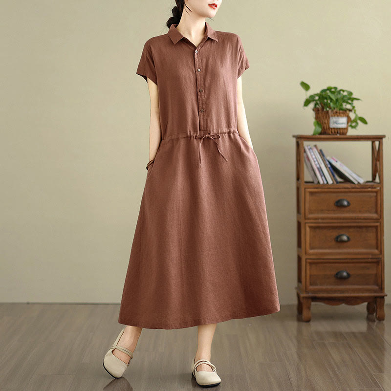 Buddha Stones Summer Plain Short Sleeve Drawstring Cotton Linen Midi Dress With Pockets - image 3