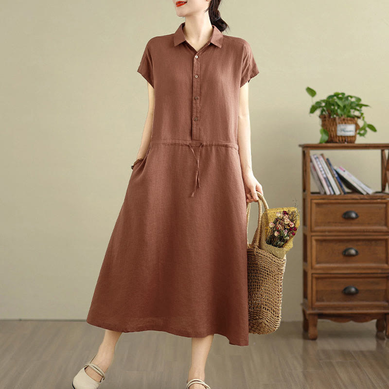 Buddha Stones Summer Plain Short Sleeve Drawstring Cotton Linen Midi Dress With Pockets - image 4