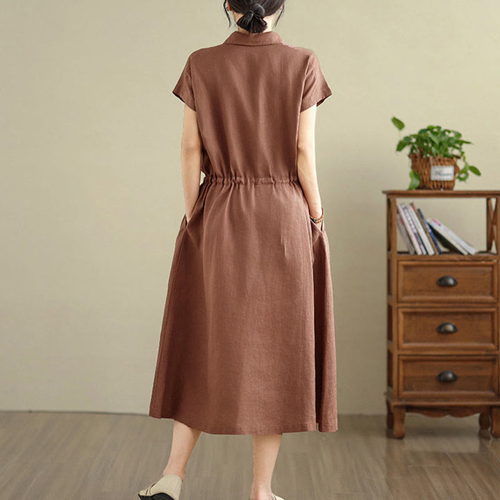 Buddha Stones Summer Plain Short Sleeve Drawstring Cotton Linen Midi Dress With Pockets - image 2