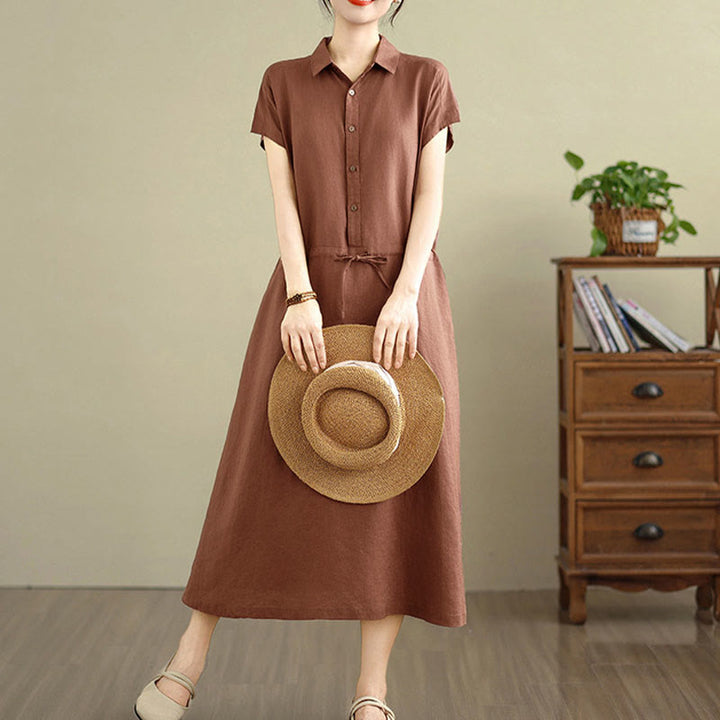 Buddha Stones Summer Plain Short Sleeve Drawstring Cotton Linen Midi Dress With Pockets - Sienna - US8-10，UK/AU12-14，EU40-42 (2XL) - image 0
