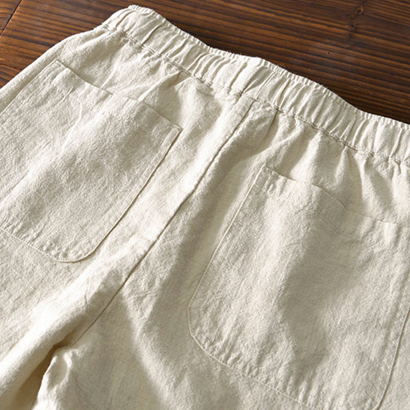 Buddha Stones Casual Solid Color Simple Design Drawstring Ramie Linen Men's Pants With Pockets - image 4