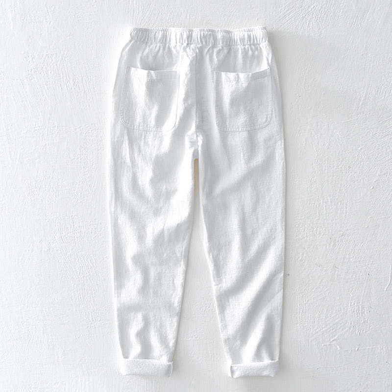 Buddha Stones Casual Solid Color Simple Design Drawstring Ramie Linen Men's Pants With Pockets - image 6